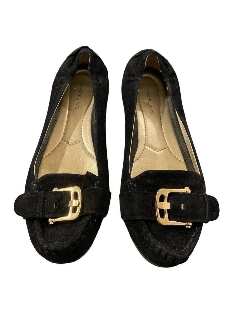 Bandolino Black Suede Flats with Gold Buckle Accent